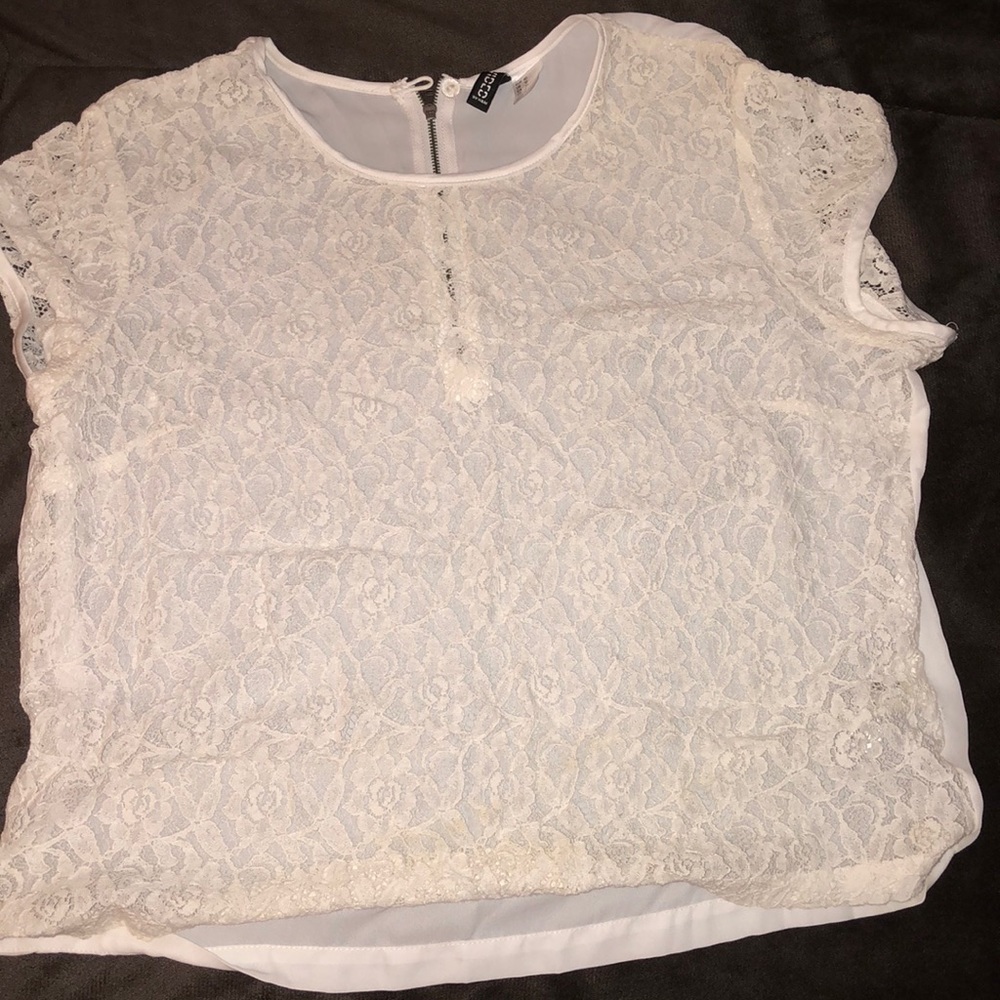 H&M Sheer Lace Top Size 10 Short Sleeves (White)